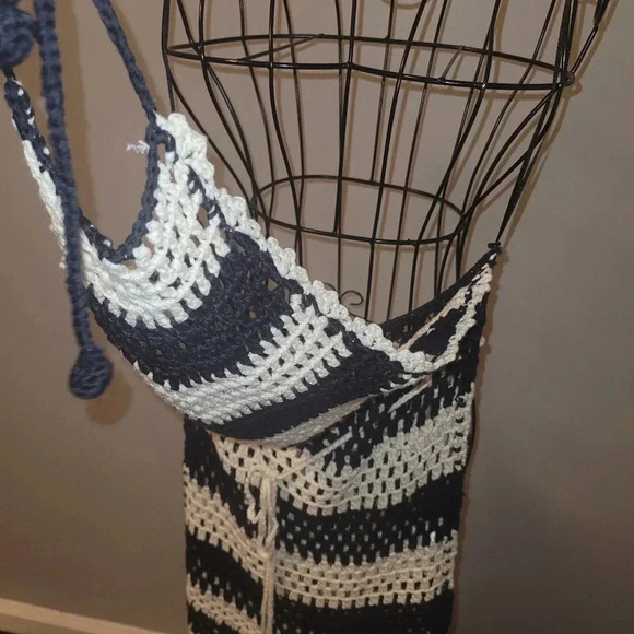 HERA Crochet Open Knit Halter Maxi Dress navy white stripe Wmns S Beach Pool NWT - Picture 4 of 7